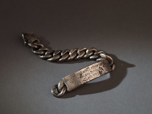 Identity bracelet of Antoine de Saint-ExupÈry (1900ñ1944) Worn during his last mission with the 2/33 French Reconnaissance Group under the command of the Mediterranean Allied Photo Reconnaissance Wing, 31 July 1944 Estate of Antoine de Saint-ExupÈry Photography by Graham S. Haber, 2014