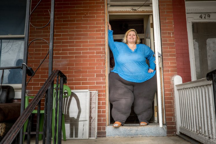 *** EXCLUSIVE - VIDEO AVAILABLE *** YORK, PENNSYLVANIA - MAY 6: Bobbi-Jo Westley squeezes into the doorway at her home on May 6, 2017, in York, Pennsylvania. BOBBI-JO Westley is on a one-woman quest to have the worlds biggest hips - even if doing so KILLS her. Currently measuring 95 inches, she has her sights firmly set on the current record of 99 inches, held by LA-based Mikel Ruffinelli. And her supersized hips have already earned her a supersized following, with legions of fans from around the globe buying and trading her pictures online. Despite the warnings of doctors and nutritionists that her current lifestyle means she is a ticking time bomb, she is determined to keep on growing her hips until she sets a new world record - or dies trying. PHOTOGRAPH BY Carlos Chiossone / Barcroft Images London-T:+44 207 033 1031 E:hello@barcroftmedia.com - New York-T:+1 212 796 2458 E:hello@barcroftusa.com - New Delhi-T:+91 11 4053 2429 E:hello@barcroftindia.com www.barcroftimages.com