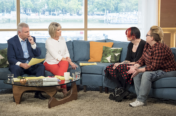 EDITORIAL USE ONLY. NO MERCHANDISING Mandatory Credit: Photo by Ken McKay/ITV/REX/Shutterstock (8998136ab) Eamonn Holmes and Ruth Langsford with Louise Draven and Nikki Draven 'This Morning' TV show, London, UK - 15 Aug 2017 WE MEET... BRITAINS FIRST GENDER-FLUID FAMILY Louise and Nikki Draven made headlines at the weekend when they revealed they are raising their son as gender neutral. Louise was born a man but is having hormone treatment to transition to a woman, while Nikki is pansexual and dresses as both a man and a woman. Both want to raise their son as gender neutral so he thinks of himself as a person, rather than a boy. But their decision has sparked controversy and raises questions over whether they are projecting their own beliefs onto their son. Joining us in the studio are Nikki and Louise to explain why they feel raising their son as gender neutral is in his best interests.